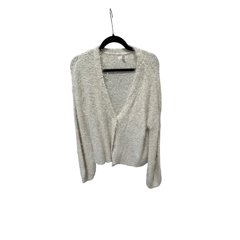 White Eyelash Knit Metallic Silver Sparkle Button Front Cardigan‎ Sweater 204366